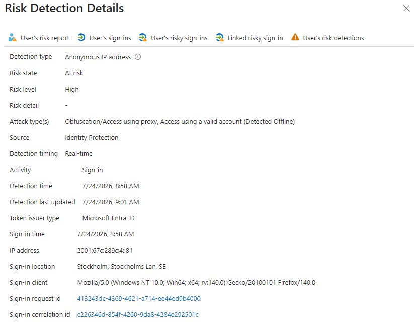 Risk detection showing the anonymous IP sign-in from Stockholm