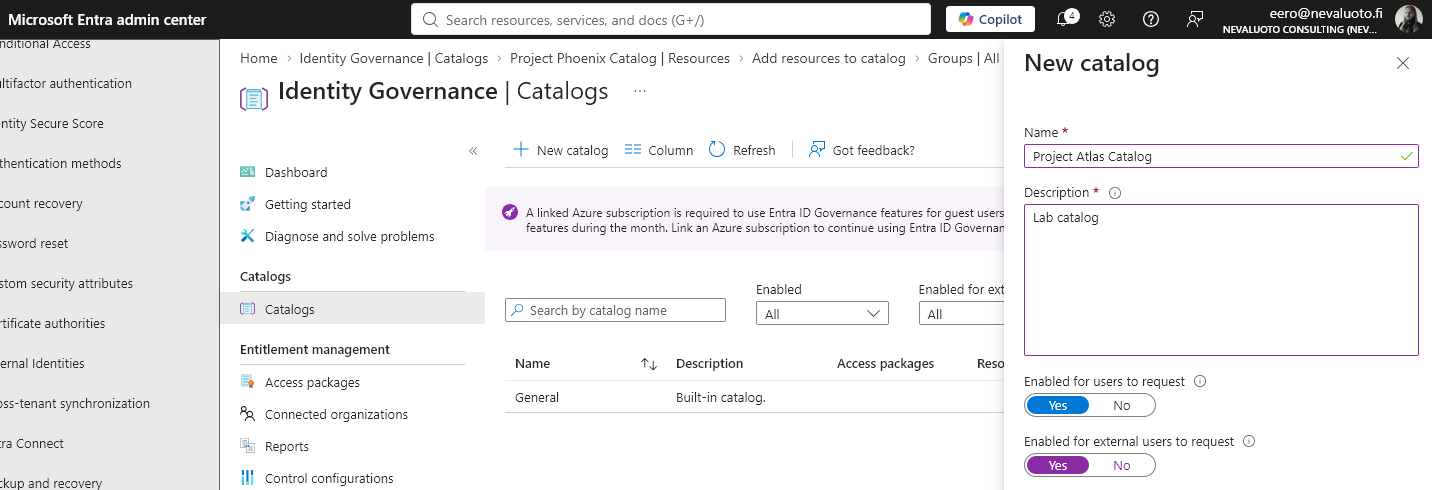 Creating the Project Atlas catalog in Entitlement management