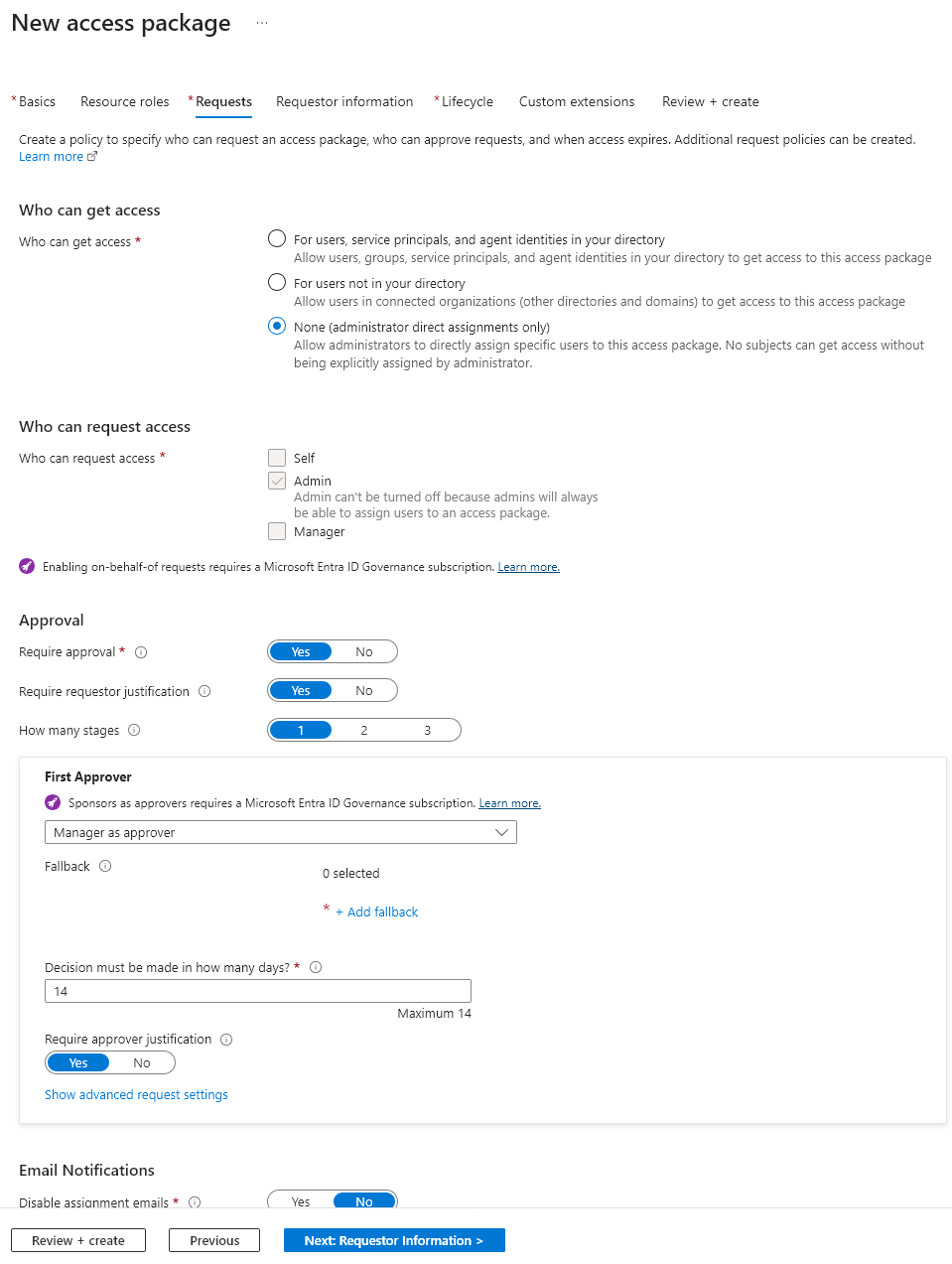 Configuring the settings for the access package