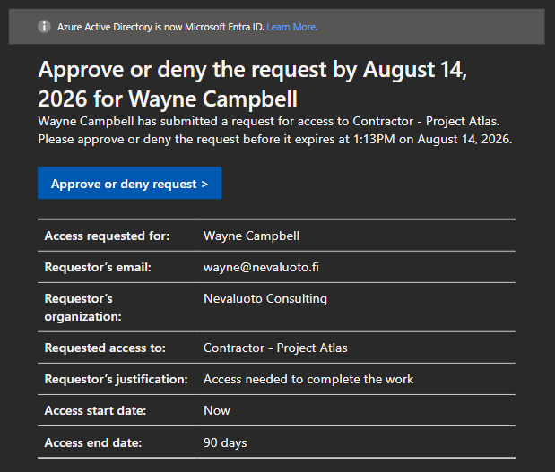 Wayne's access package request email notification