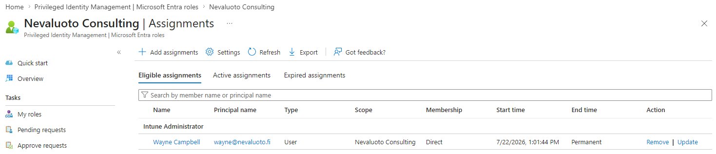 Adding an eligible assignment for the Intune Administrator role